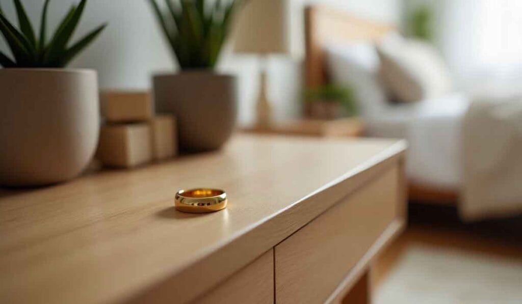 A gold ring on a wooden dresser with potted plants, in a softly lit bedroom setting.