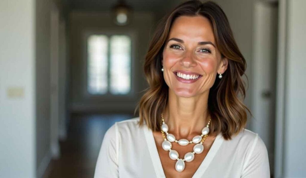 Woman smiling indoors, wearing a white blouse and pearl necklace, with blurred background.