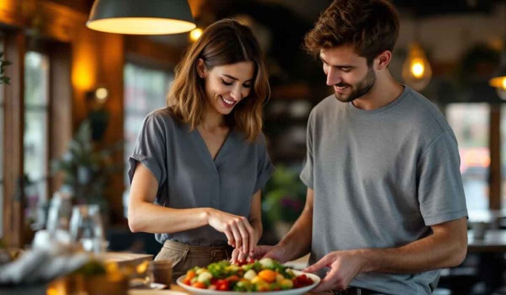 A woman and a man prepare a salad together in a cozy kitchen, surrounded by warm lighting.