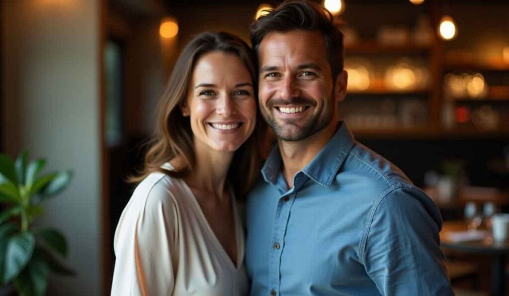 A smiling couple stands closely together indoors with blurred shelves and warm lighting in the background.