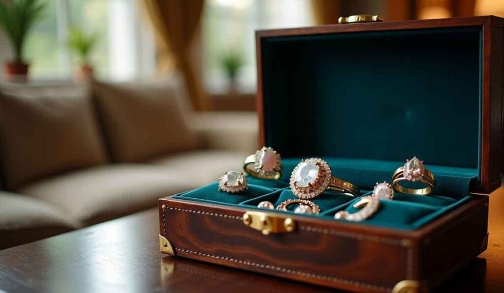 Wooden jewelry box with velvet interior displaying rings and earrings with gemstones, placed on a table in a living room setting.