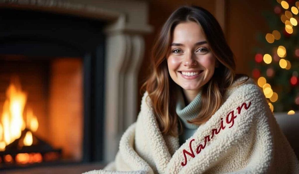 A person sits by a fireplace, smiling, wrapped in a cozy blanket. A decorated Christmas tree is in the background.