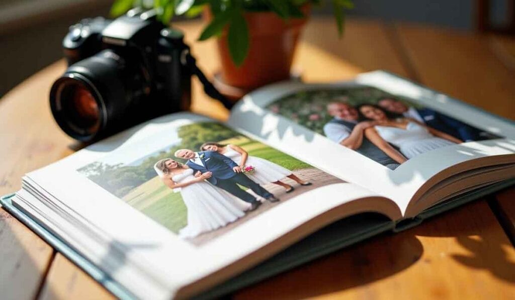 Open photo album on a wooden table, displaying wedding photos. A camera and a potted plant are placed beside the album.