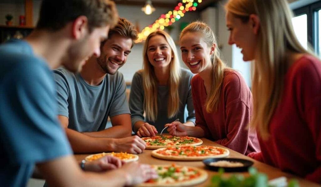 Five people smiling and eating pizza together at a table, with colorful lights in the background.