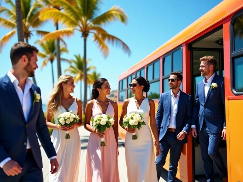 A wedding party in formal attire exits an orange bus at a tropical location with palm trees. The bridesmaids hold white floral bouquets.