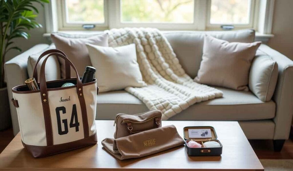 A living room with a sofa, pillows, and a knitted blanket. A tote bag, a folded cloth, and a small case with macarons are placed on a wooden coffee table in front.