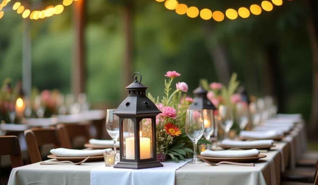 Outdoor dining setup with a lantern centerpiece, floral arrangement, plates, and glasses on a long table under string lights.