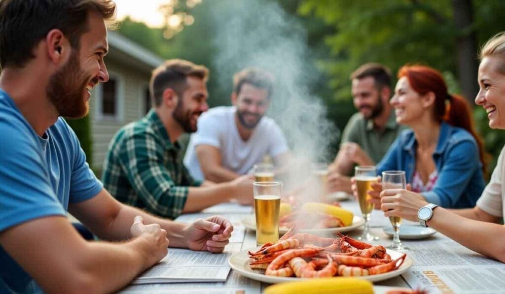 A group of people seated at an outdoor table enjoys shrimp, corn, and drinks, with steam rising from the food. Trees and a building are visible in the background.