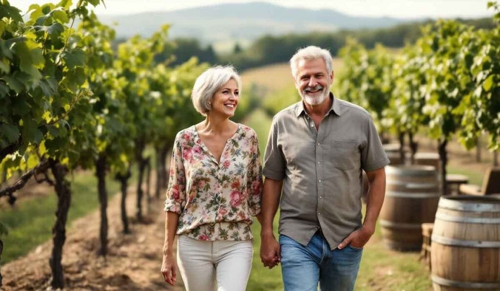 A smiling couple holding hands walks through a vineyard, surrounded by grapevines and wooden barrels, under a clear sky.