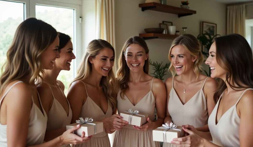 Six women in matching dresses are gathered indoors, smiling and holding gift boxes with ribbons.