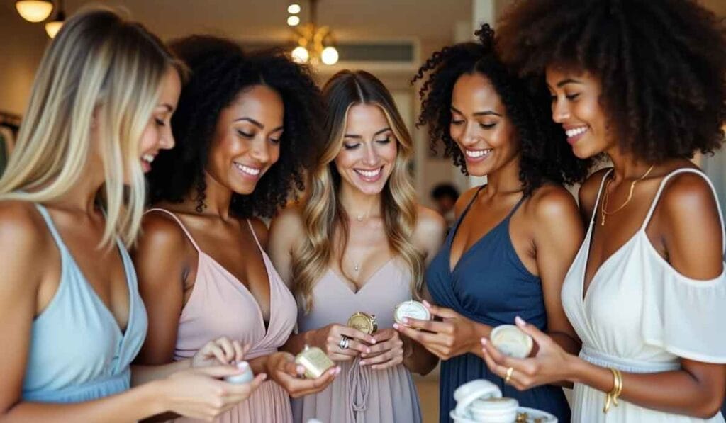 Five women in dresses are smiling and holding small jars, standing around a table indoors.