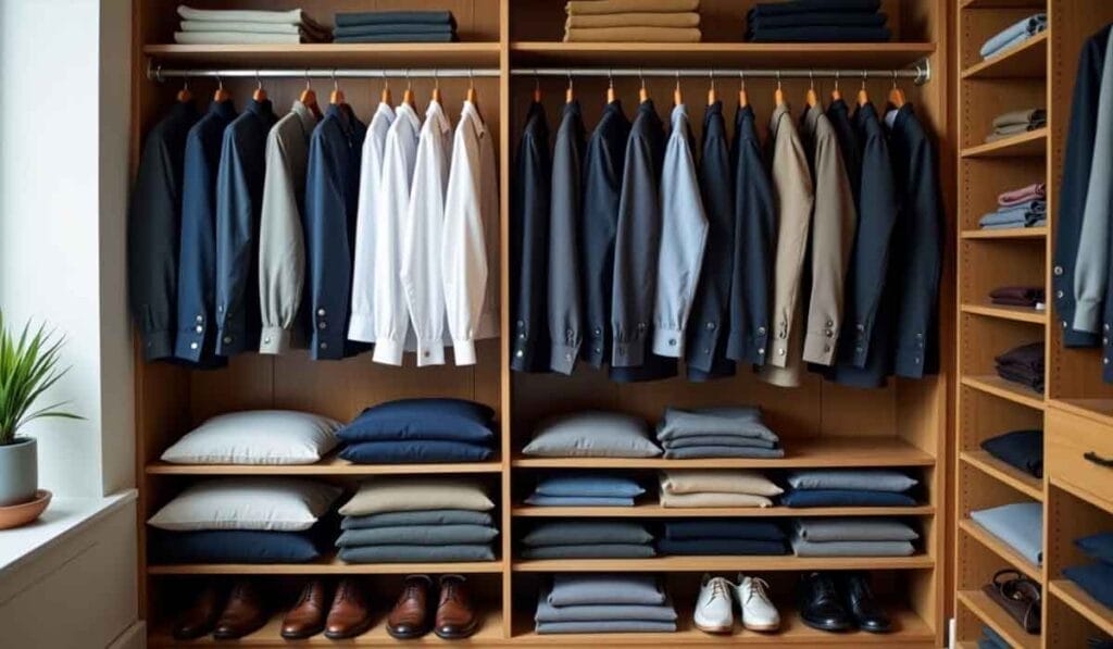 A neatly organized closet with suits, shirts, and trousers hanging, and folded items on shelves. Shoes are lined up at the bottom.