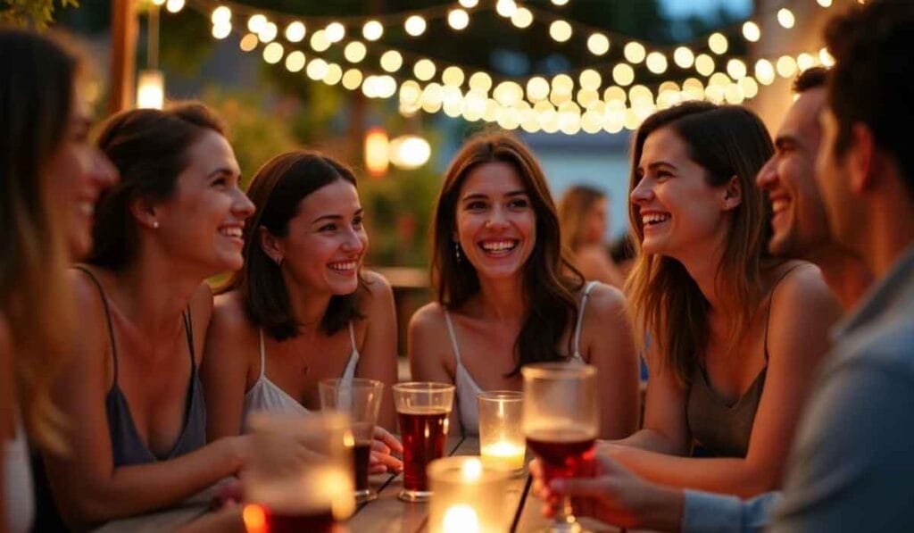 A group of people sits around a table with drinks, smiling and talking, under string lights at an outdoor gathering.