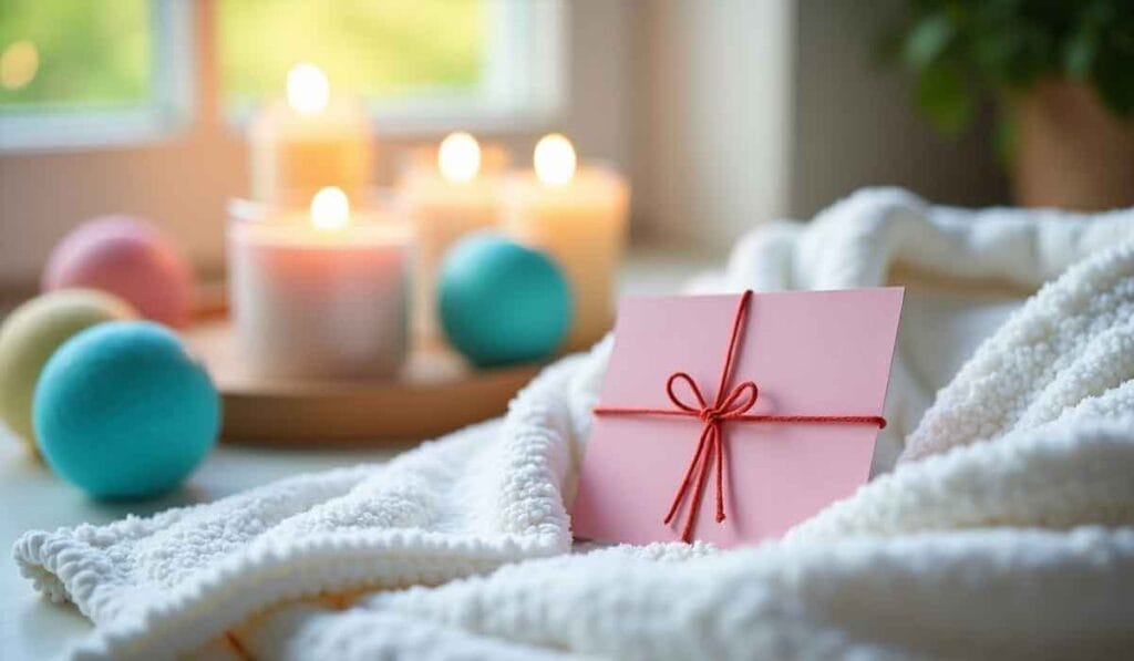 A pink envelope tied with red string rests on a fluffy blanket, surrounded by lit candles and decorative spheres near a window.