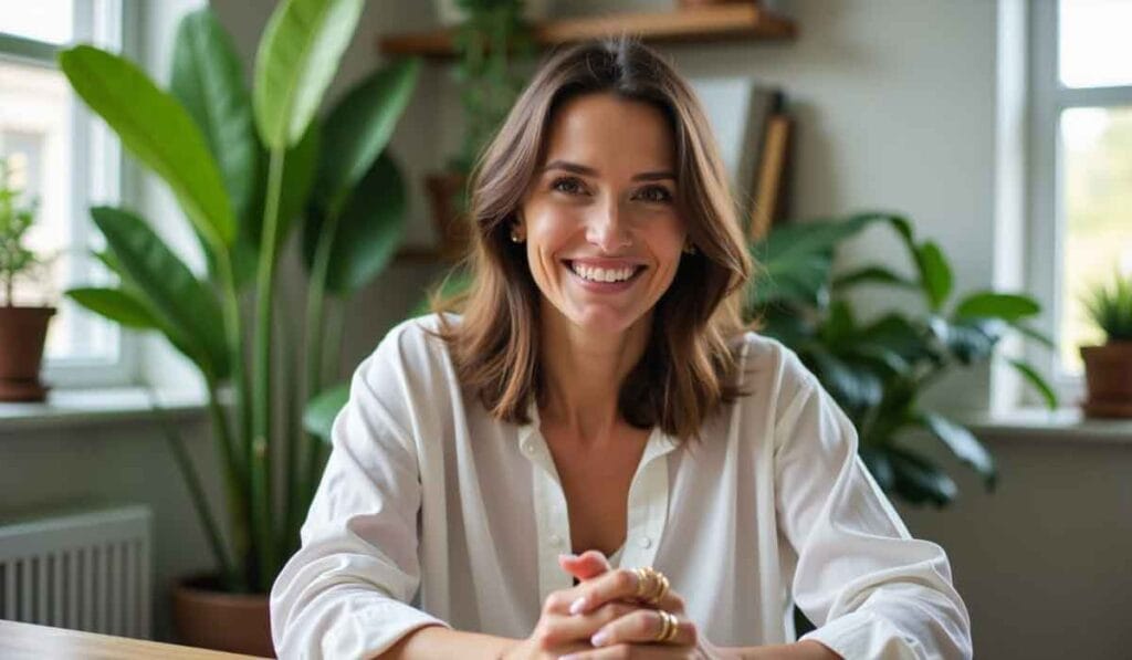 A person with shoulder-length brown hair smiles while seated at a desk. They wear a white shirt, with potted plants and windows visible in the background.