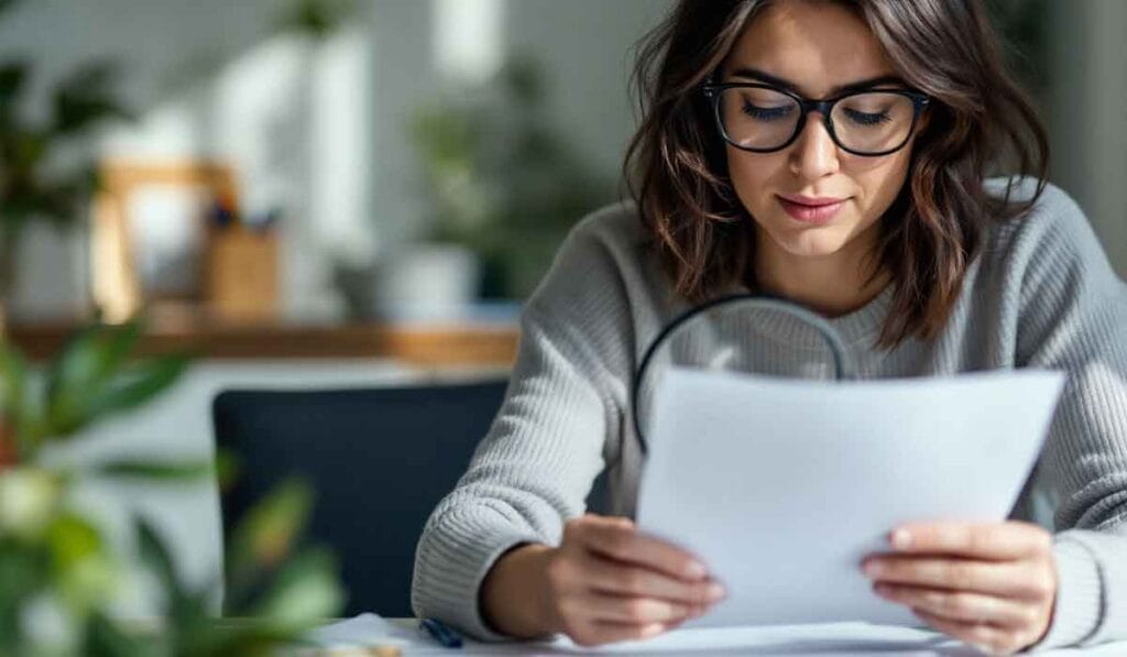 A person with glasses sits at a table, reading a document, with plants and a blurred background.