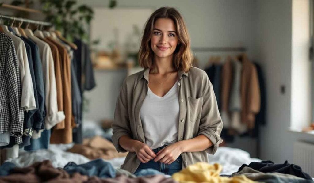 Woman standing in a room with clothes on racks and a table, smiling at the camera.