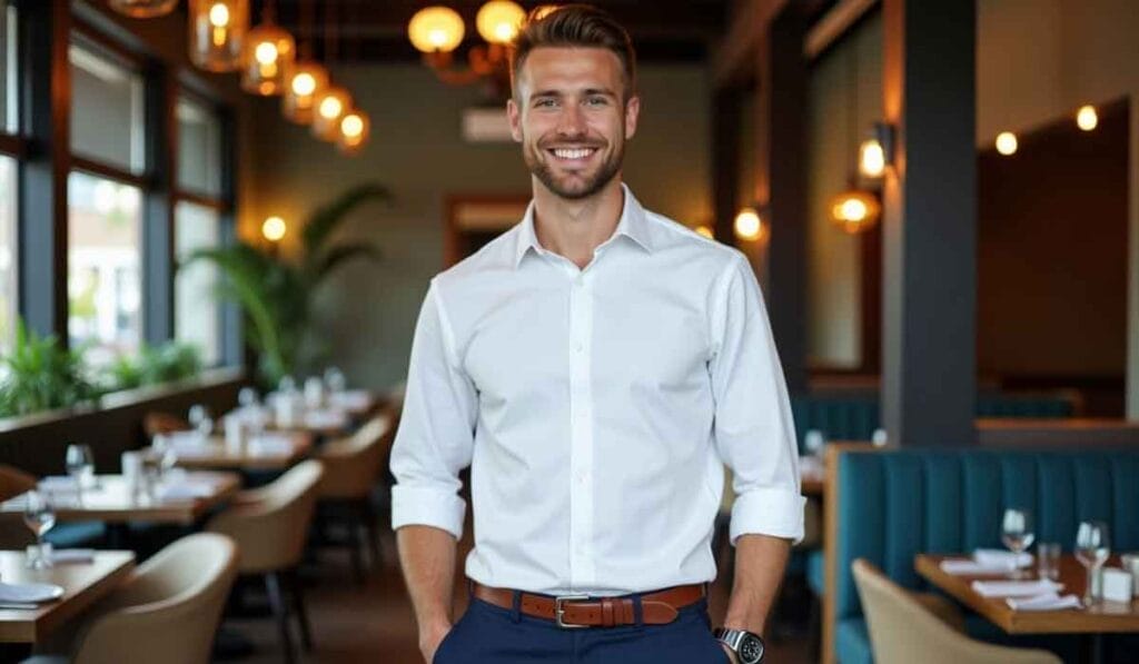 Man in a white shirt stands smiling in a restaurant with empty tables and modern decor.