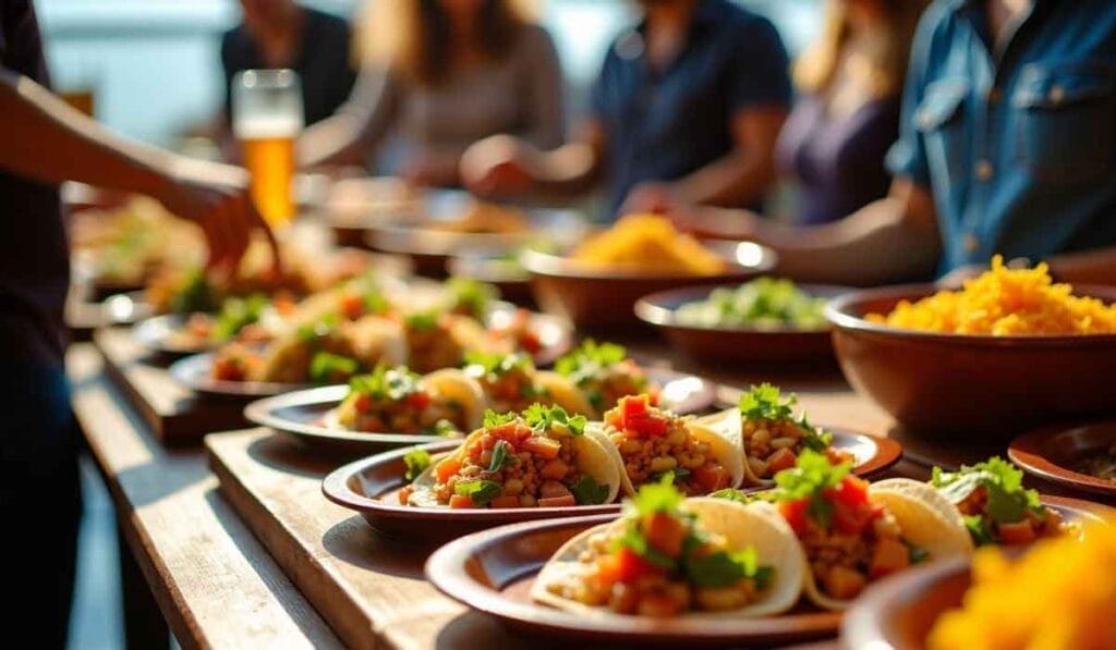 A row of plates with tacos topped with vegetables and cilantro, set on a wooden table. People are serving themselves in the background.