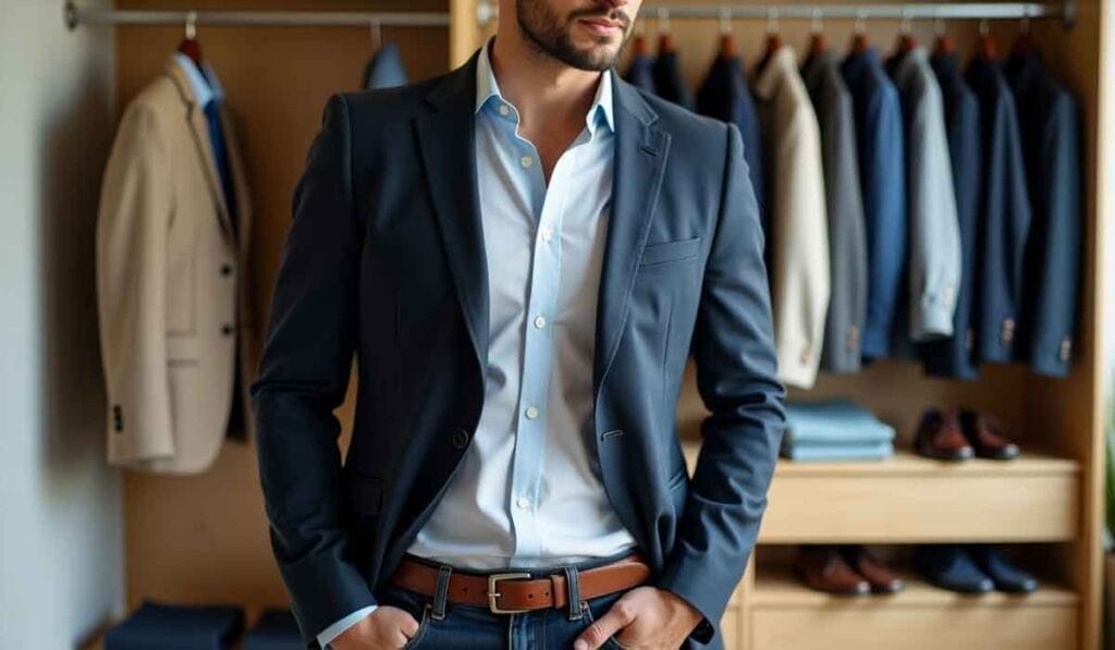 A man in a dark suit jacket and light blue shirt stands in front of a wardrobe filled with suits and dress shoes.