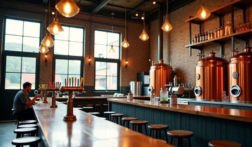 A brewery taproom with empty stools at a wooden bar, copper brewing tanks in the background, and a single person sitting at the bar.