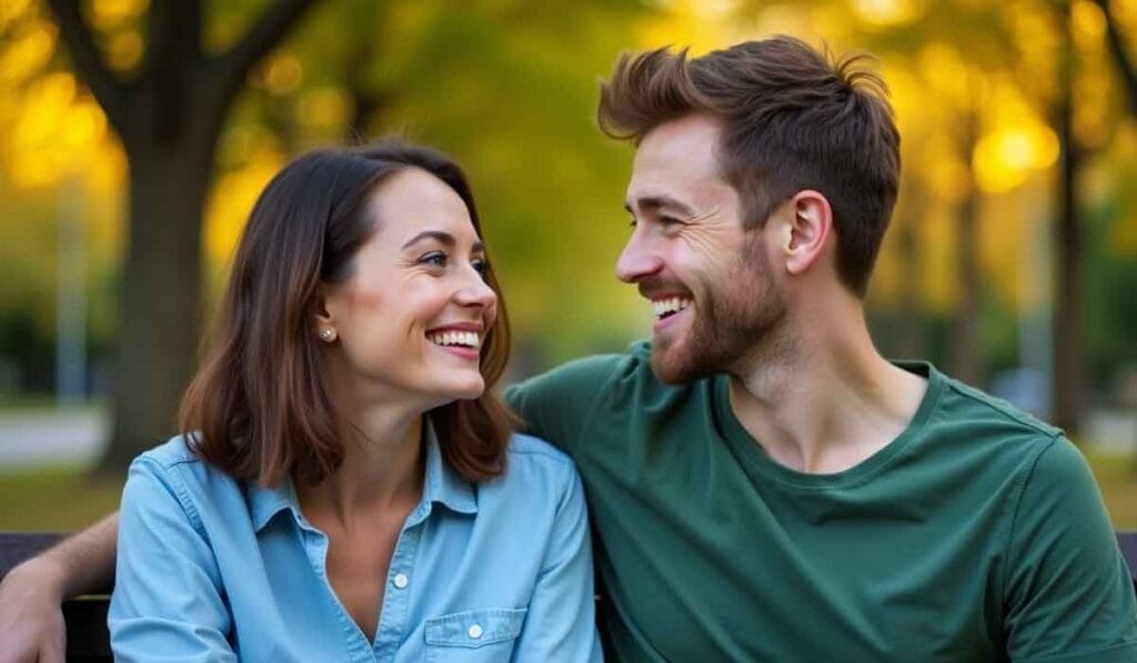 A smiling man and woman sitting close, looking at each other, with trees in the background.