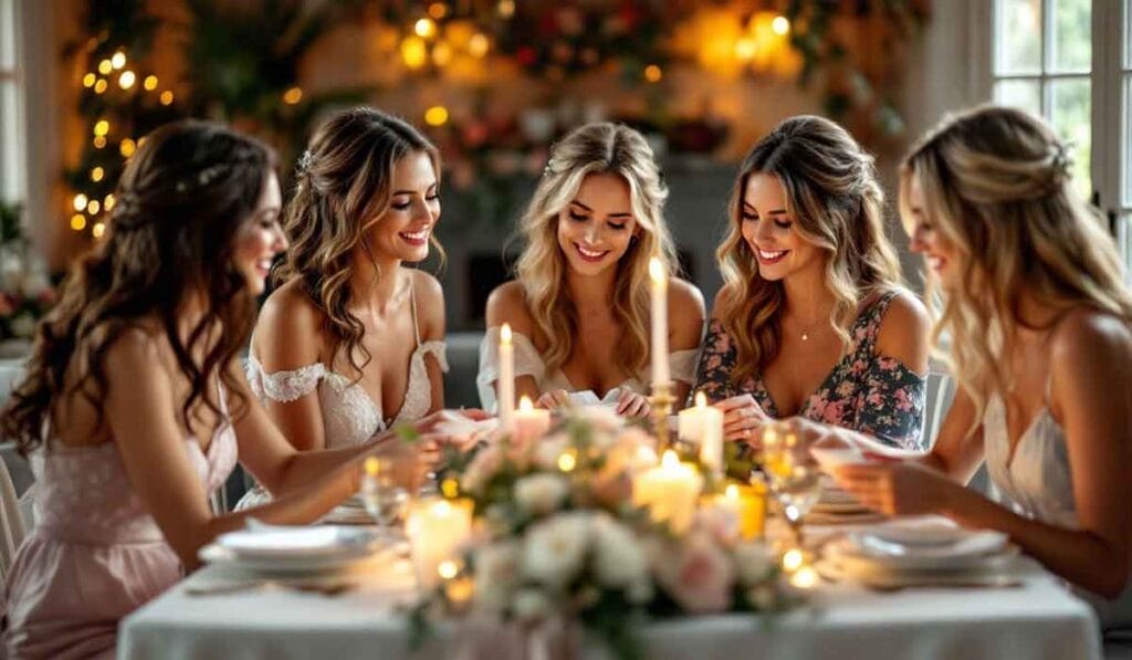 Five women in dresses sit around a candlelit table with floral decorations, smiling and chatting at a gathering.