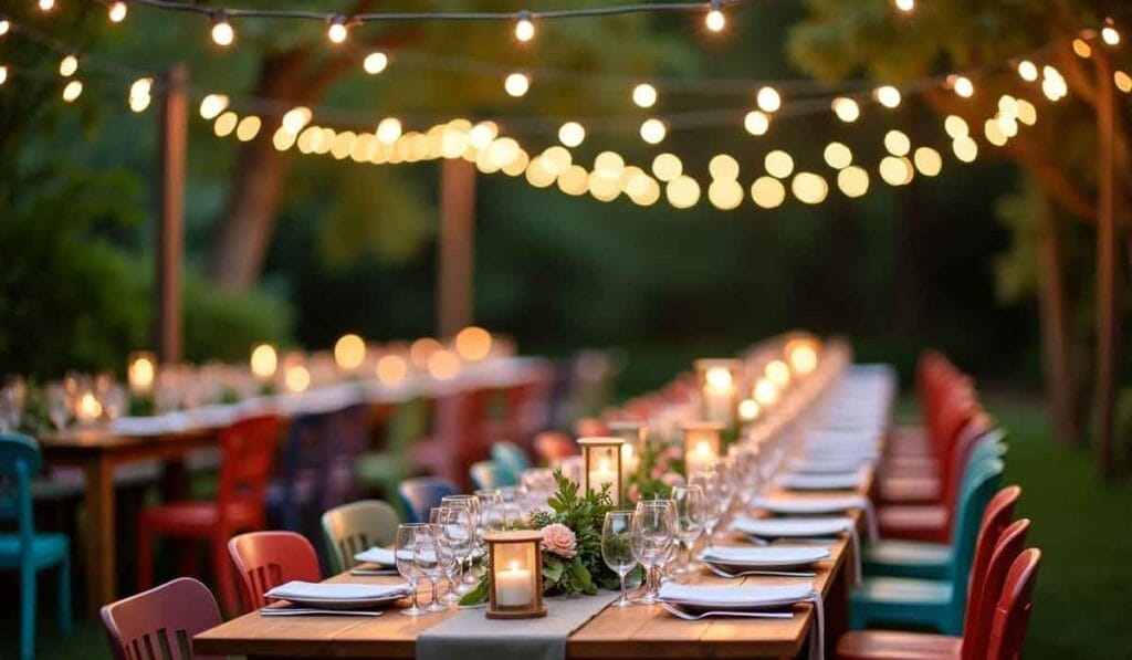 Outdoor dining setup with long tables, colorful chairs, string lights, and candlelit centerpieces.