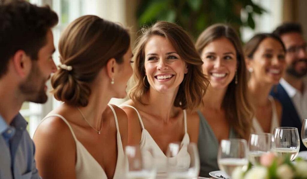 Group of people dressed formally sitting at a table, smiling and conversing.