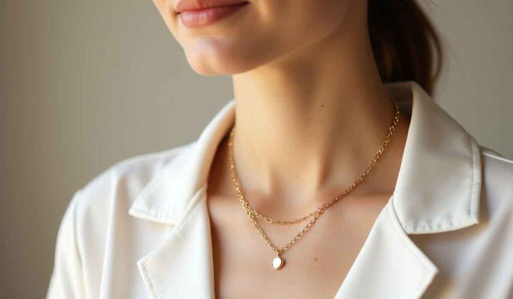 A person wearing a white top and layered gold necklaces with a pendant.