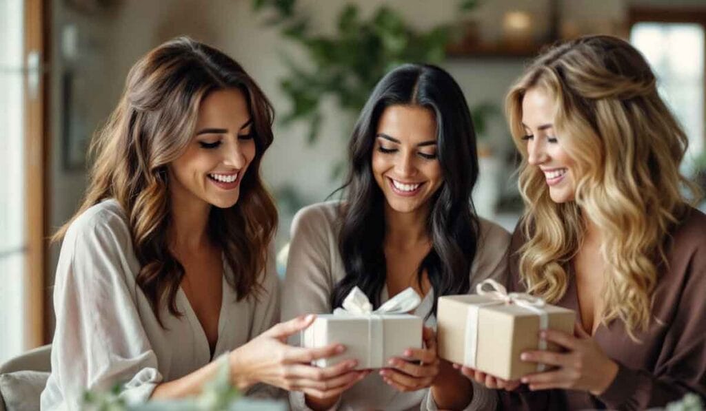 Three women sitting together, smiling and holding wrapped gifts indoors.