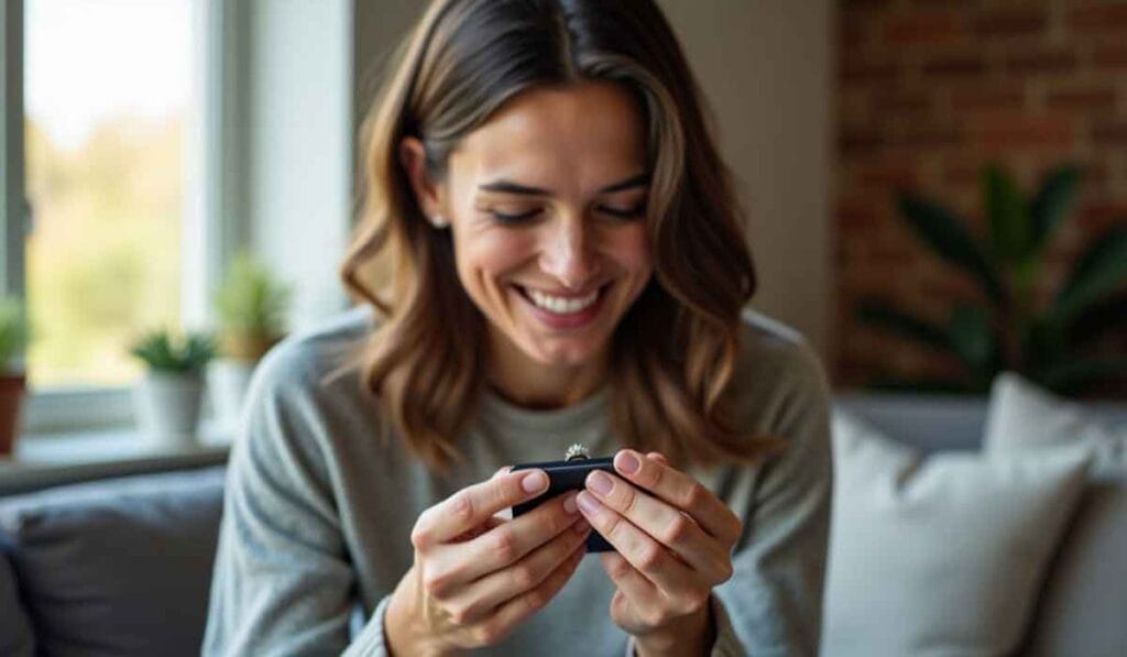 A woman smiles while looking at a ring in a small box, sitting on a couch in a bright living room.