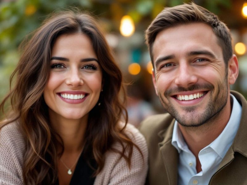 Two people smiling, sitting closely, with blurred lights and greenery in the background.