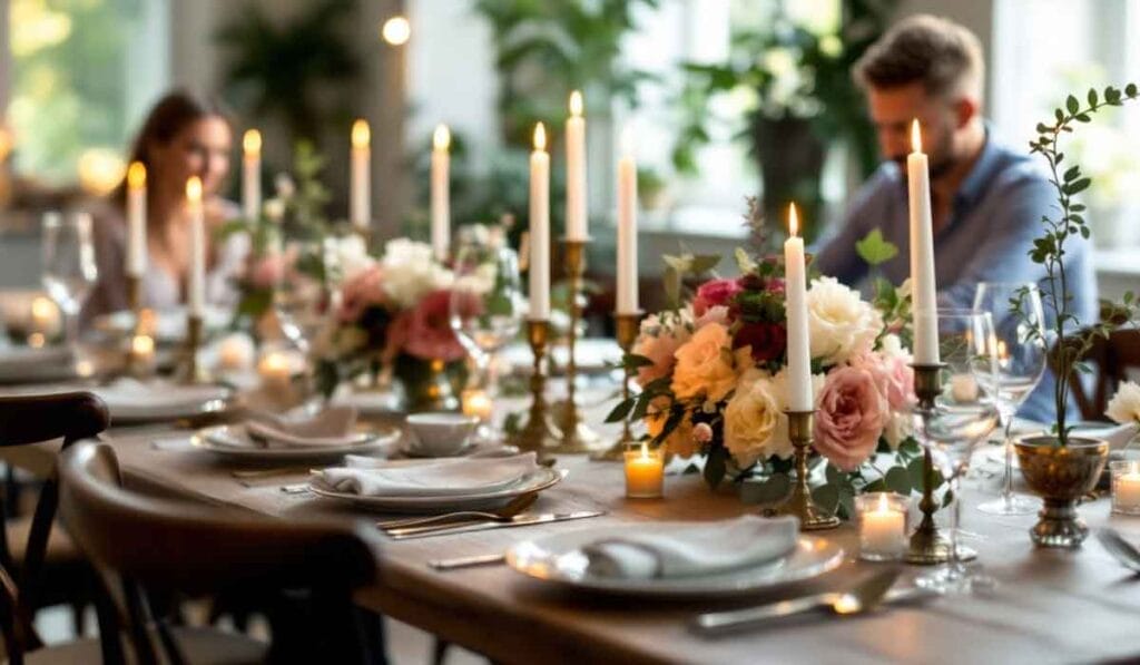 A beautifully set dining table with candles, flowers, and place settings. Two people are sitting at the table in a softly lit room.