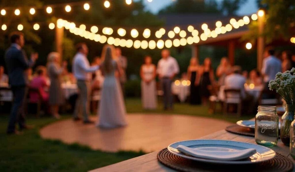 Outdoor wedding reception with string lights. Guests are standing and sitting around a dance floor. A table with plates and a jar is in the foreground.