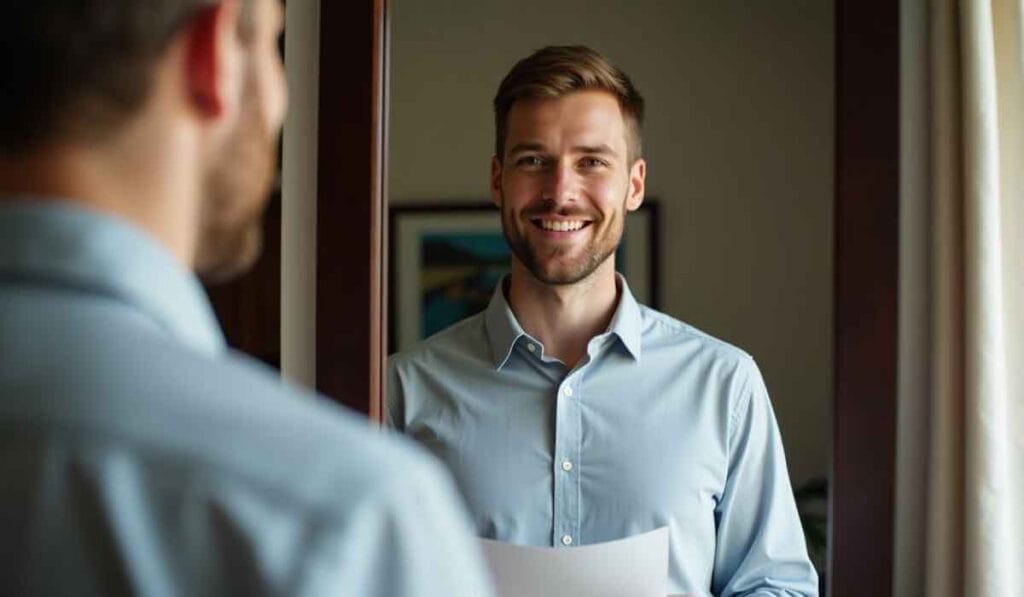 A man in a light blue shirt smiles while looking at himself in a mirror, holding a piece of paper.