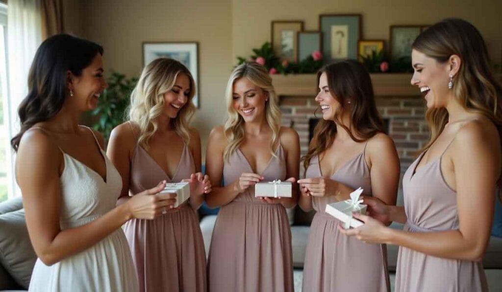 Five women in matching dresses smile and hold gift boxes in a living room with framed pictures on the wall.