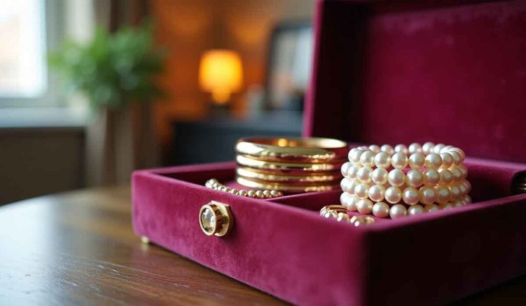 A red velvet jewelry box on a table contains pearl bracelets and gold bangles, with a blurred lamp in the background.