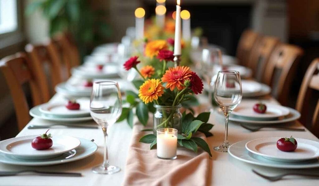 A long dining table set for a meal with white plates, red apples, wine glasses, and candles. Bright flowers in glass vases run along the center.