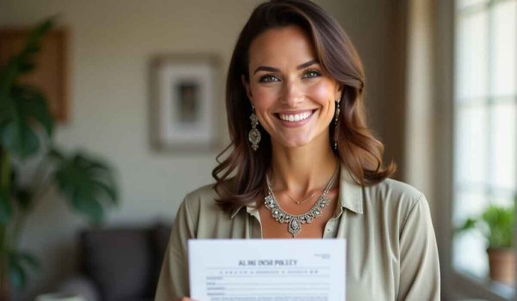 A woman smiles while holding a document titled "All Risks Policy" in a well-lit room with a plant and framed picture in the background.