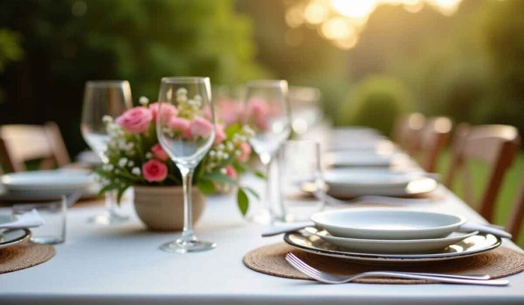 A table set for an outdoor dinner, featuring empty plates, wine glasses, and a centerpiece with pink flowers.