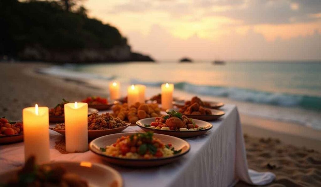 A table with various dishes and lit candles is set up on a sandy beach at sunset, with the ocean and a distant island in the background.