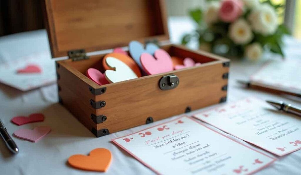 A wooden box filled with colorful paper hearts is on a table. Nearby are printed cards with writing, flowers, and pens.