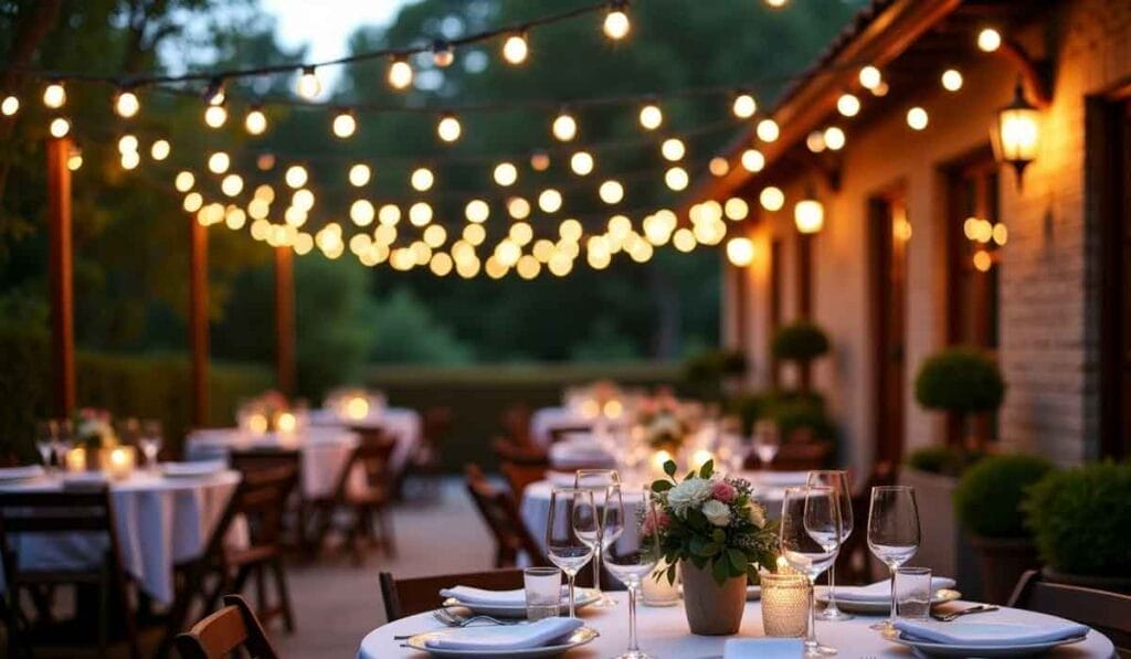 Outdoor dining area with round tables set for a meal, adorned with floral centerpieces and string lights overhead, creating a warm ambiance.