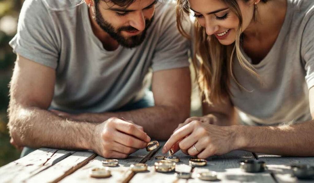 A man and woman are examining and comparing various coins on a wooden outdoor table, both focused on the collection.