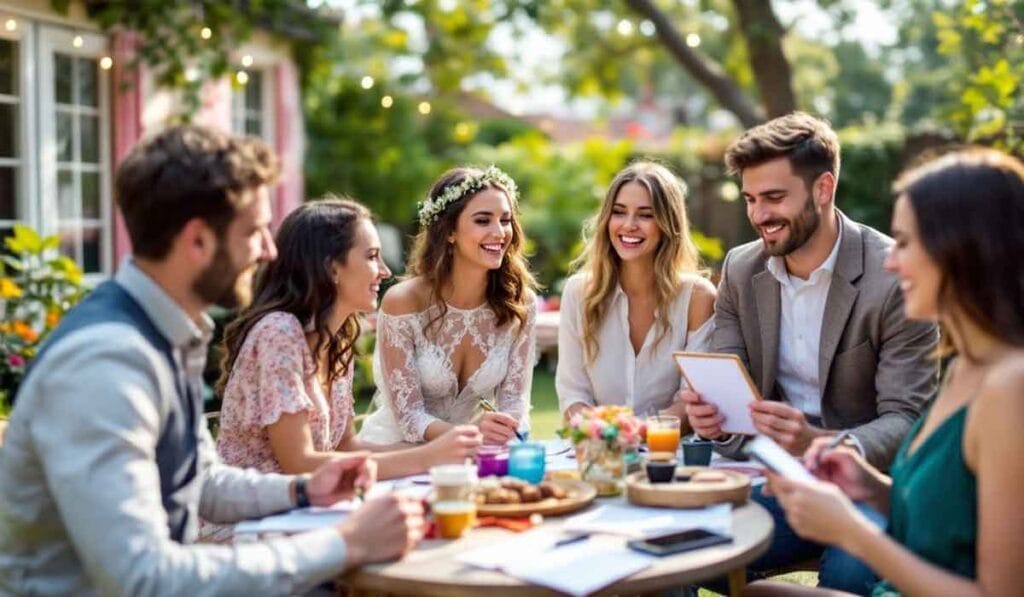 A group of people sit around a table outdoors, smiling and talking. A woman in a white dress and flower crown is at the center. The table has drinks and snacks.