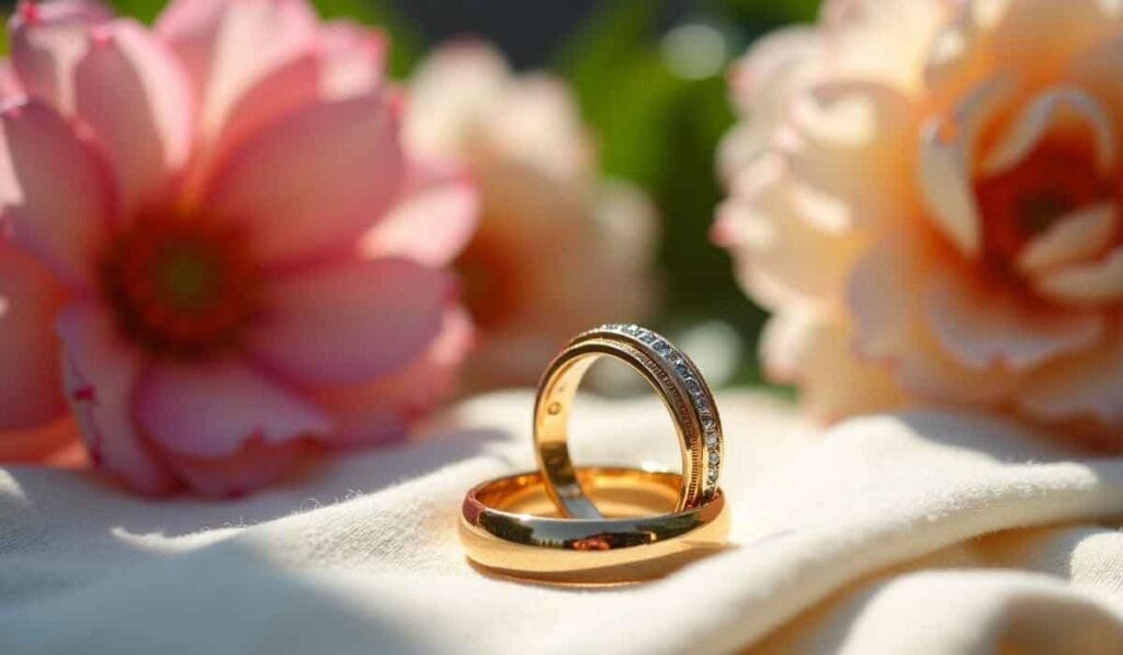 Two gold rings, one with diamonds, rest on a soft surface. They are surrounded by pink flowers in gentle sunlight.