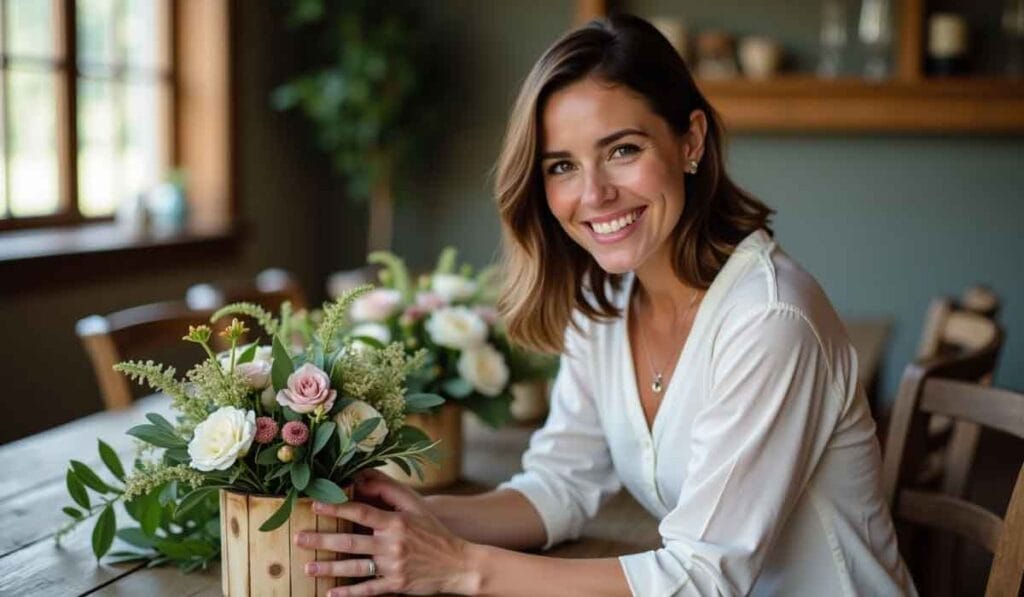 Person smiling, seated at a table with floral arrangements in wooden boxes. Background features a window and shelves.