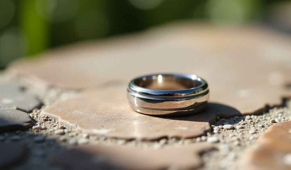 A silver ring with a simple design sits on a textured stone surface, illuminated by sunlight.