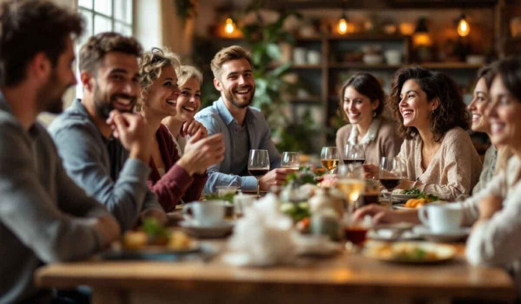 A group of people sit around a long, wooden table enjoying drinks and food. They are smiling and engaged in conversation. The setting is warmly lit and cozy.